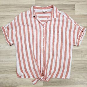 Beach Lunch Lounge Womens White Pink Stripe Button Down Linen Shirt Size XS Knot